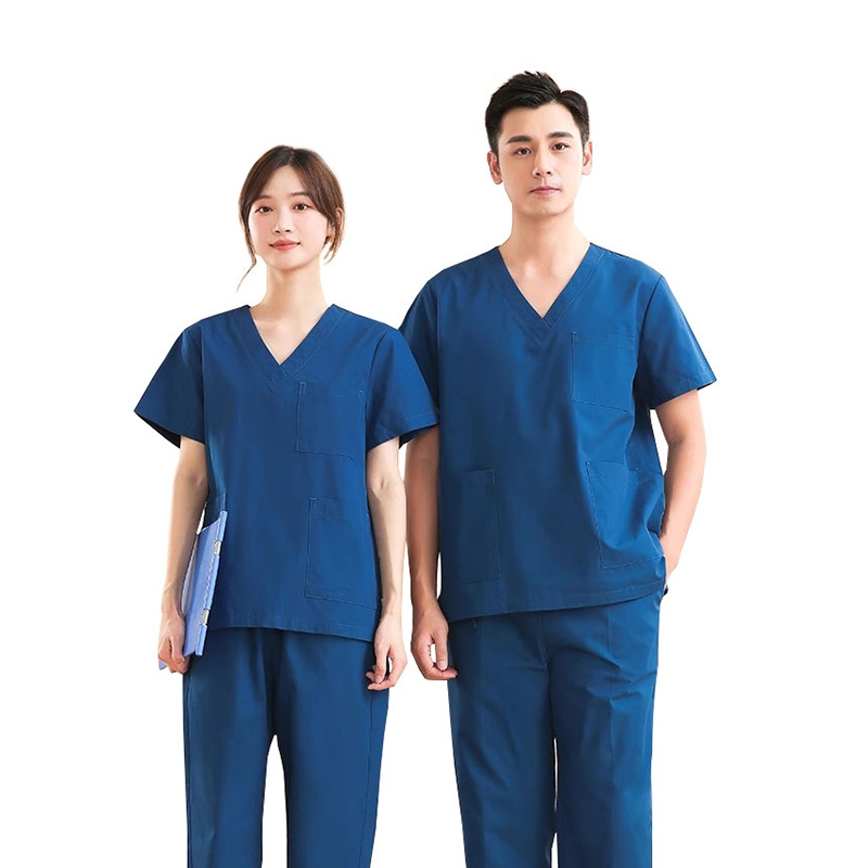 男女通用醫用制服套裝，寶藍色外科 scrub 服帶口袋，診所與醫院工作人員舒適穿搭