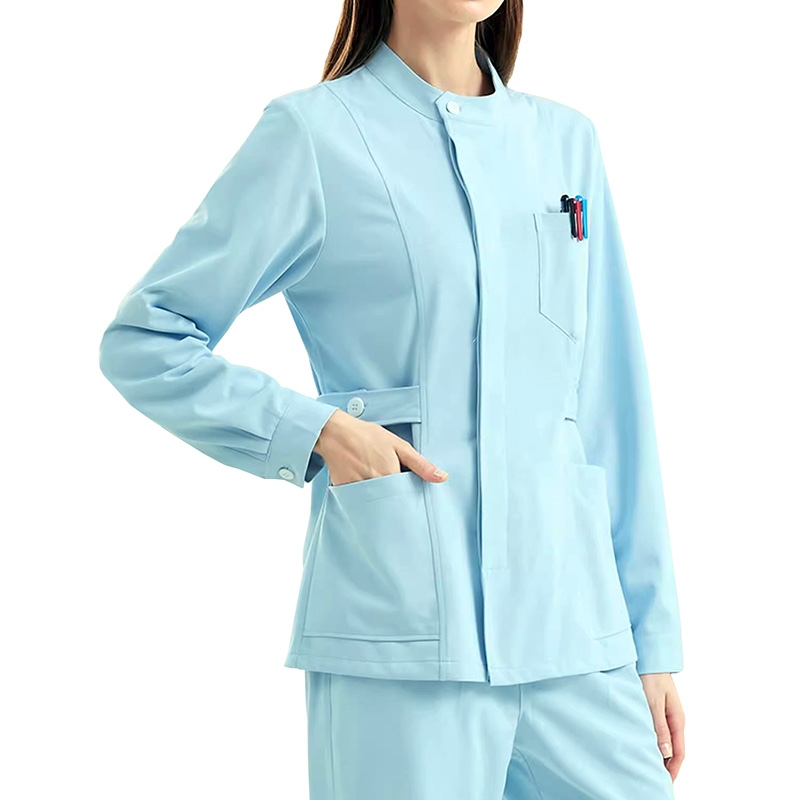 春秋長袖款淺藍色長袖工作服，女士立體剪裁多口袋護工職業套裝