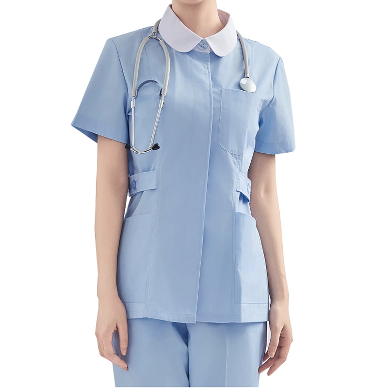 醫護制服女短袖，淺藍色護士服多口袋設計，透氣速幹醫院診所工作服