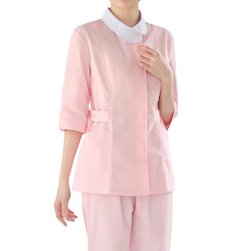 春秋粉色娃娃領中袖護士服套裝，白色領醫護工作裝，護理人員修身職業制服