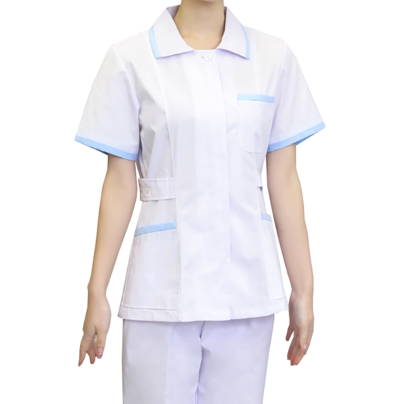 白色護士短袖工作服套裝，女式醫院護理員職業裝，舒適透氣藍邊口袋工裝褲兩件套