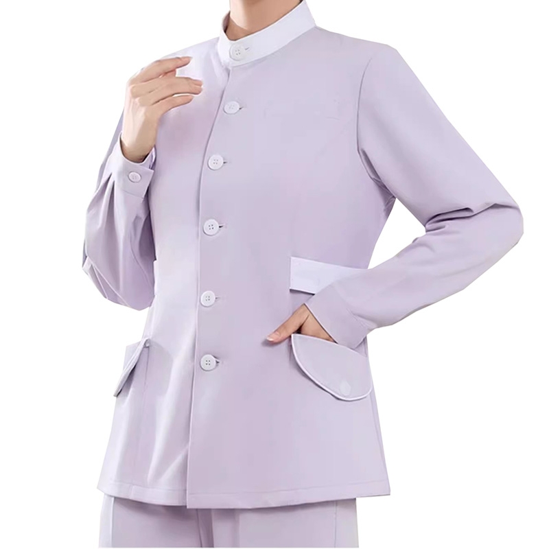 女士淺紫色護士服套裝，長袖帶口袋專業醫療工作服，護士專用護理制服