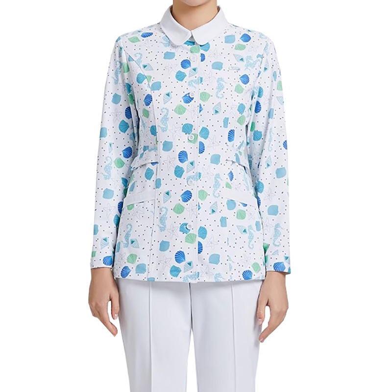 女士海洋風印花護士服長袖，娃娃領醫護工作服，可愛貝殼海馬圖案護理制服上衣