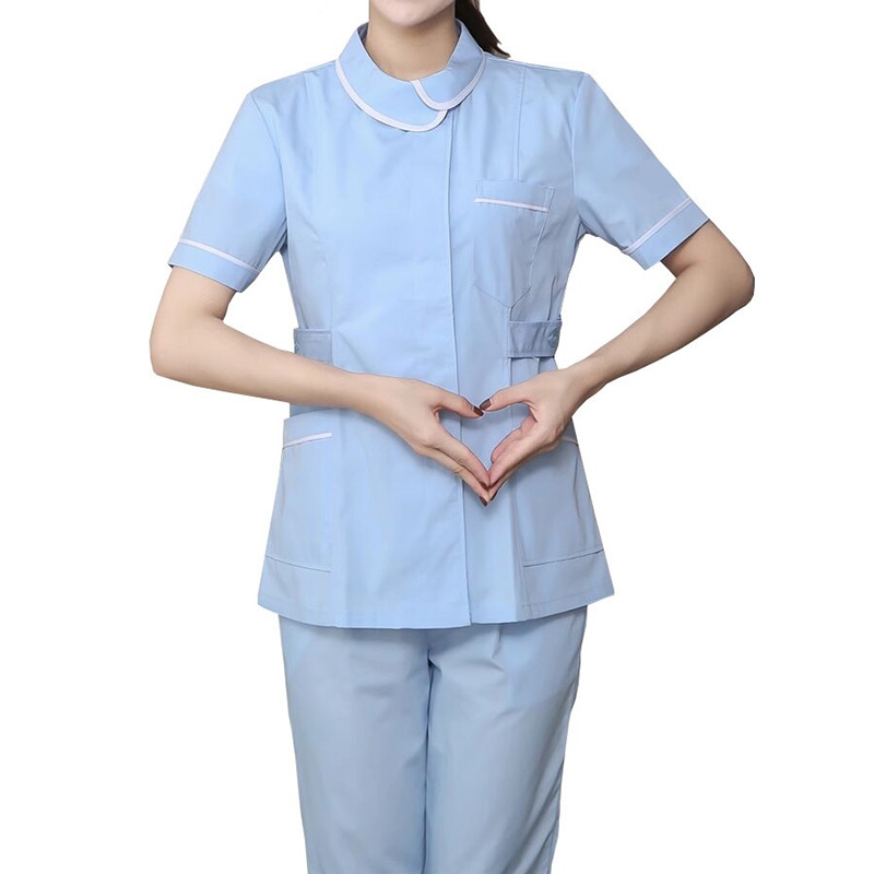 女款醫護工作服，淺藍色短袖帶白邊護理衣服，舒適透氣醫院老人院護理制服套裝