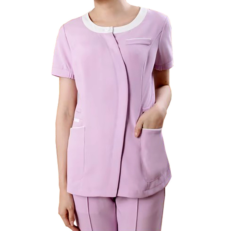 女士醫療醫護套裝，淡紫色短袖帶白色飾邊制服，帶口袋護士工裝