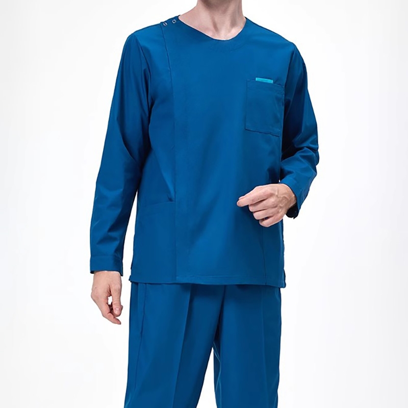 帶口袋專V領制服套裝，長袖上衣和褲子藍色側邊按扣設計