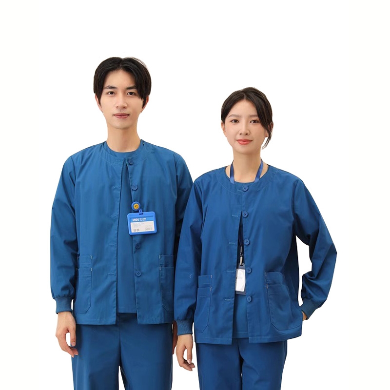 醫護制服男女通款，藍色長袖洗手衣，工作服套裝帶紐扣，可懸掛工牌