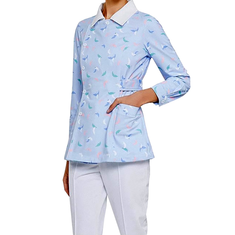 時尚印花醫護工作服，淺藍長袖收腰護士服，舒適修身醫院制服