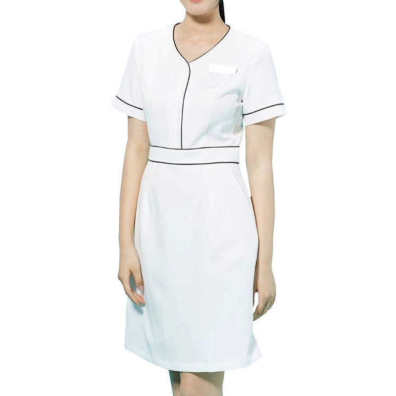 白色短袖帶黑邊醫療制服連衣裙，適用於醫院SPA美容院工裝