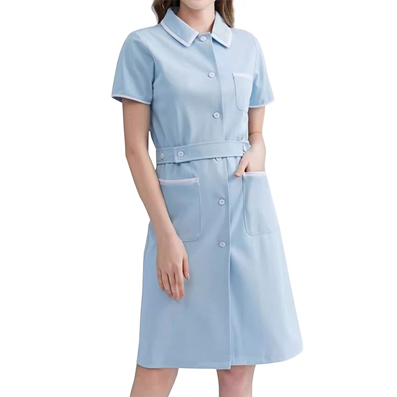 清新淺藍護士服，收腰繫彈力醫護連衣裙
