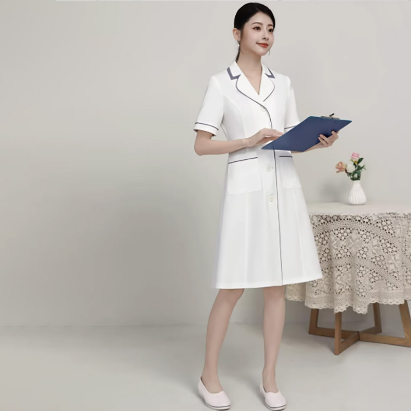 法式優雅護士連衣裙女，白色藍邊短袖醫護工作服，修身顯瘦醫院職業裝