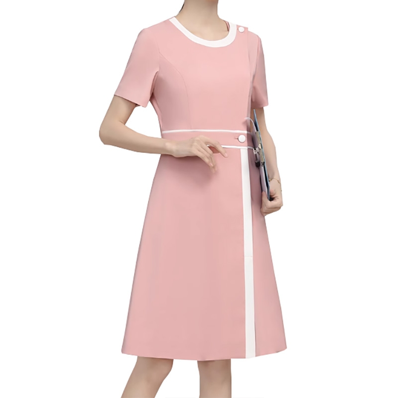 夏季粉色護士服連衣裙，圓領短袖白邊裝飾，護理院美容院醫美工作制服