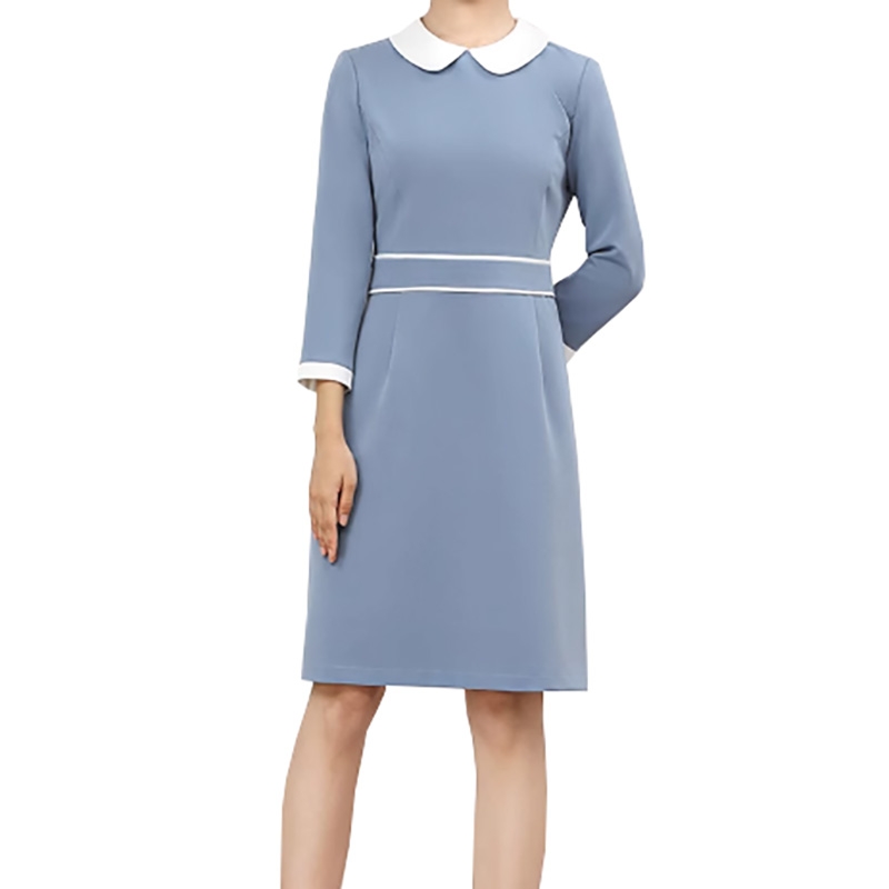 秋冬七分袖職業制服，霧霾藍娃娃領連衣裙