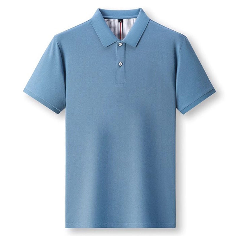 霧藍棉質t恤男士短袖polo衫，夏季休閒百搭寬鬆t恤純色翻領上衣男潮