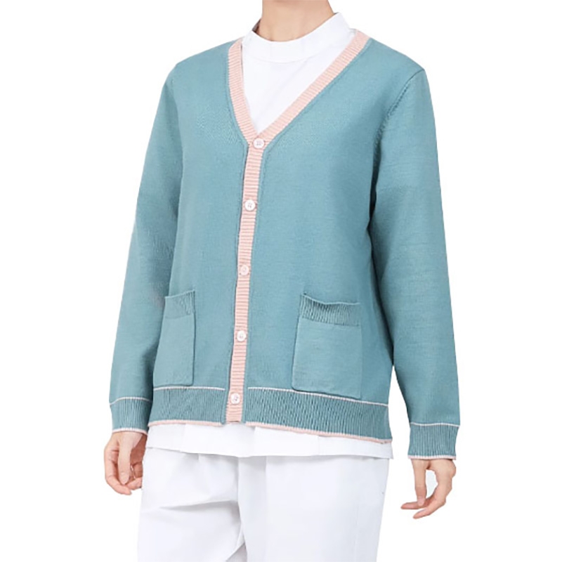 醫護藍綠拼粉 V 領開衫 女款護士針織外套 醫院值班保暖
