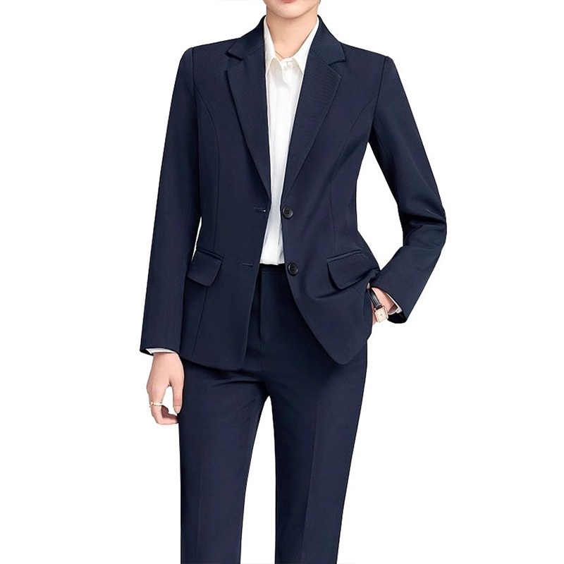 新款深藍色單排扣女士小西裝外套+西褲，職場優質套裝
