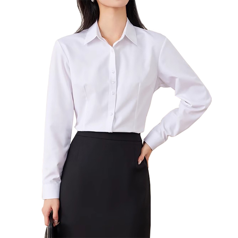 女士長袖白襯衫，修身翻領 OL 通勤襯衣