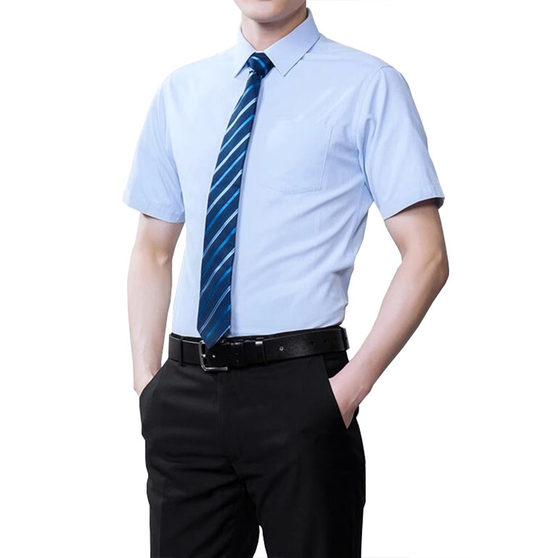 團購定製男女同款襯衫職業裝，定做短袖工作服V領藍襯衣