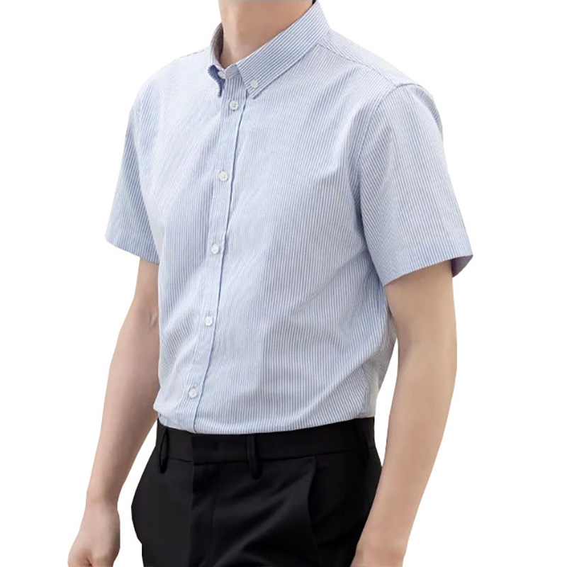牛津紡豎條紋襯衫，寬鬆版型男士短袖襯衣