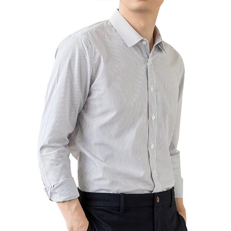 新款灰色細條紋襯衫，中青年休息長袖襯衣免燙易打理男士上衣