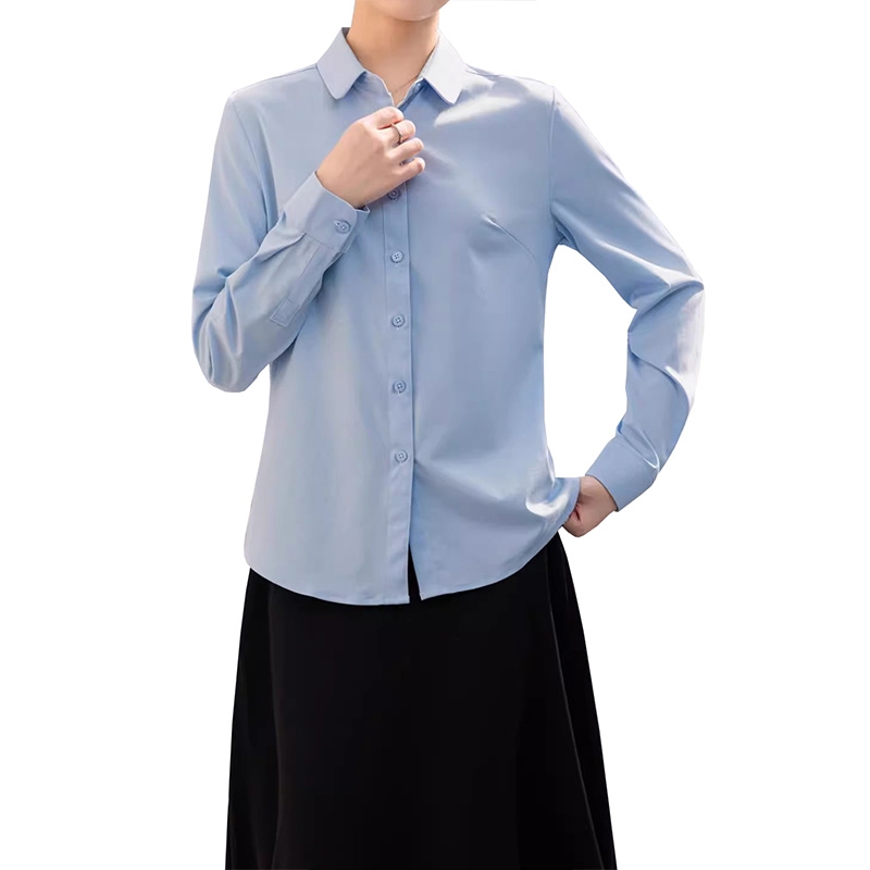 纖維藍色輕奢女款襯衫，免燙西裝內搭長袖