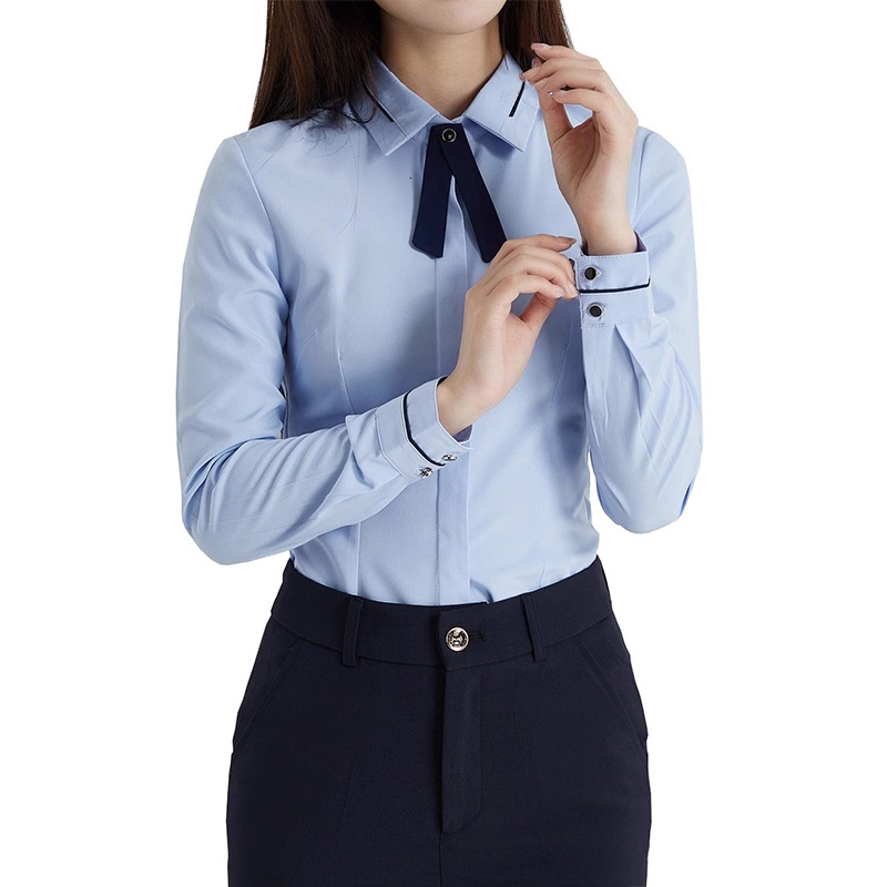 立體幹練淺藍色長袖襯衫，職業OL上衣