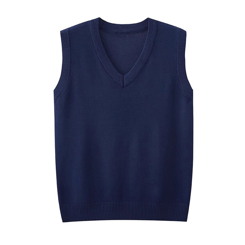 日系學院風深藍色 V 領針織馬甲，親膚針織背心