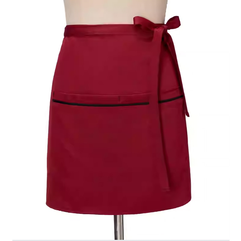 酒紅色帶黑邊口袋半圍裙 繫帶腰圍裙 員工專業廚房及餐廳制服