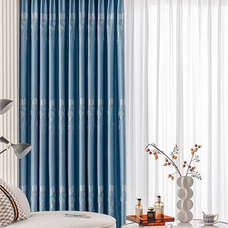 蓝色提花遮光窗帘，带白纱帘组合，卧室客厅防晒隔音窗帘，轻奢风家装帘，支持定制