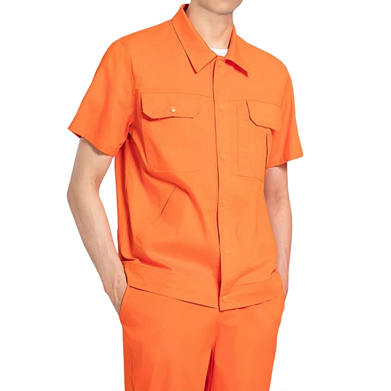 高辨識度橙色短袖工作服套裝 男士工裝制服 工程戶外作業勞保服 夏季透氣款