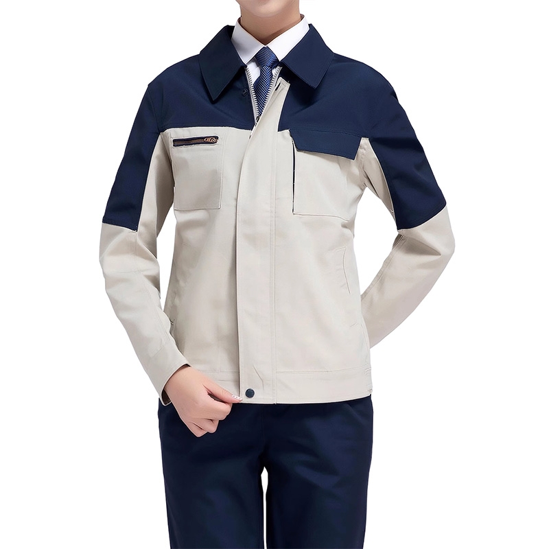 企業團隊定製工裝 藏青拼米白雙開襟工裝上衣